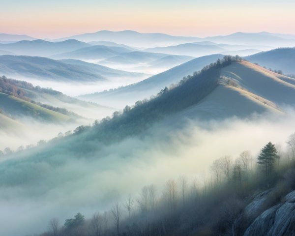 Serene Landscape of Rolling Hills in Gentle Fog