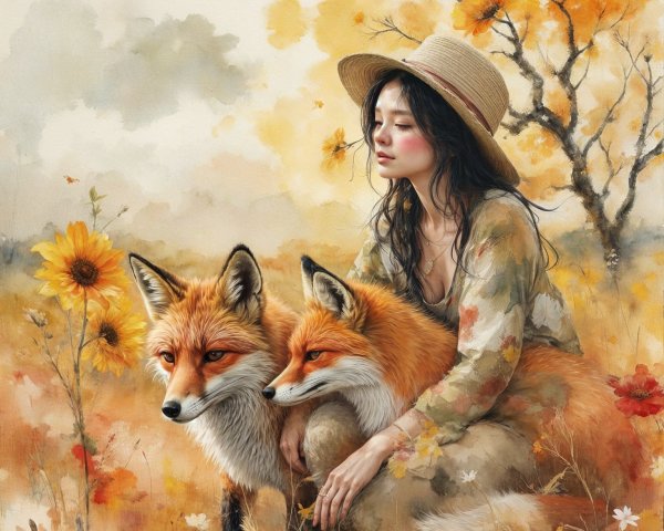 Young Woman in Floral Dress Amid Autumn Foliage