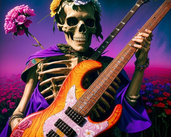 Colorful Skeleton in Flower Field with Bass Guitar