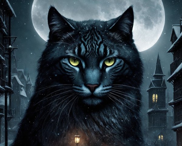 Black Cat with Yellow-Green Eyes in Moonlit Night