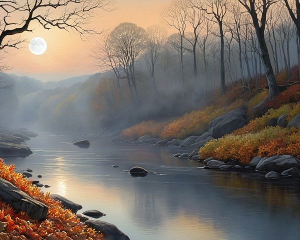 Tranquil River Landscape at Dawn with Autumn Colors