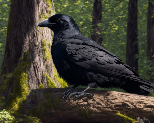 Raven on Moss-Covered Log in Lush Forest Setting