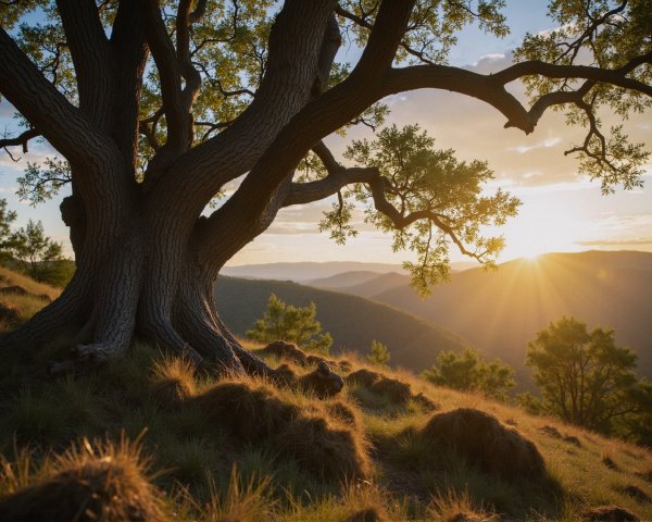 Old Gnarled Tree at Sunset with Rolling Hills Background