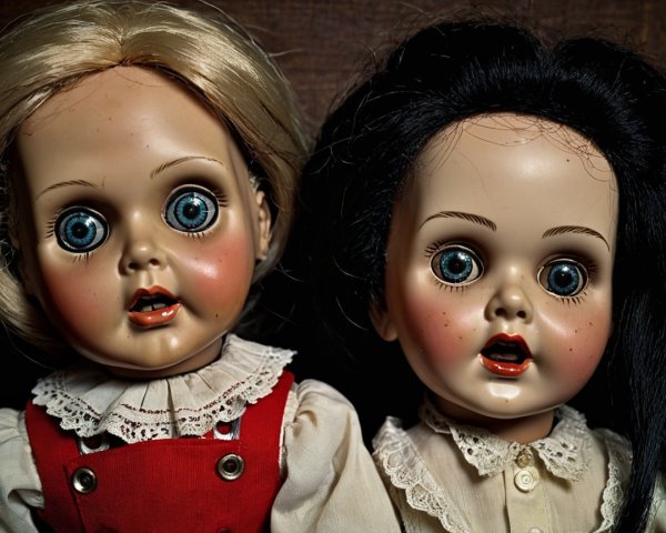 Vintage Dolls with Large Blue Eyes and Unique Outfits