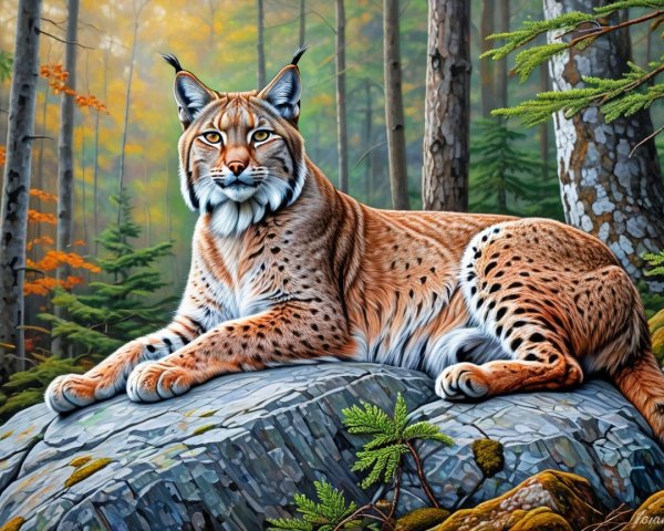 Lynx on Rock in Serene Autumn Forest Setting