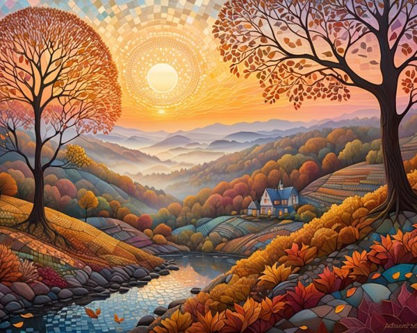 Vibrant Autumn Landscape with Rolling Hills and River
