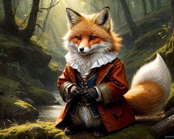 Dignified fox in ornate coat in serene forest scene