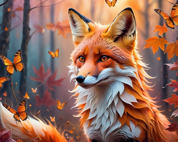 Vibrant Orange Fox in Enchanted Autumn Forest Scene