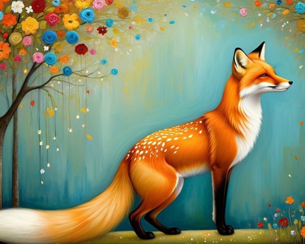 Whimsical Illustration of a Fox in a Colorful Garden
