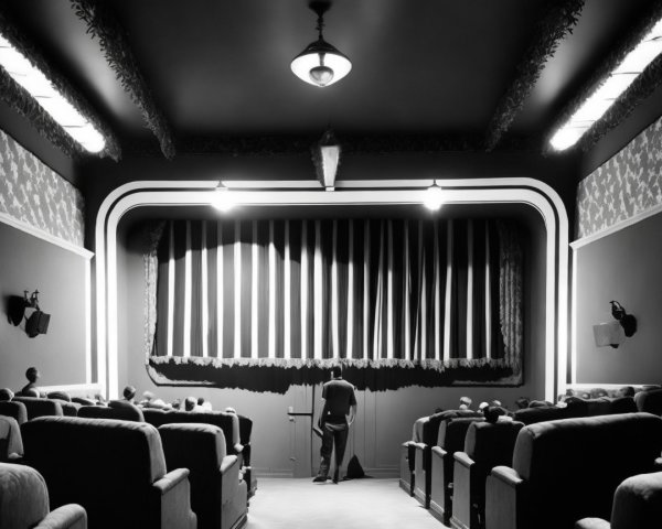 Vintage Cinema Interior with Plush Seats and Stage