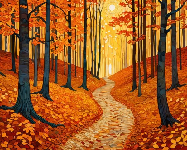 Vibrant Autumn Forest with Winding Path and Foliage