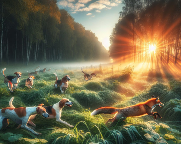 Dogs Chase Fox in a Misty Forest at Sunrise