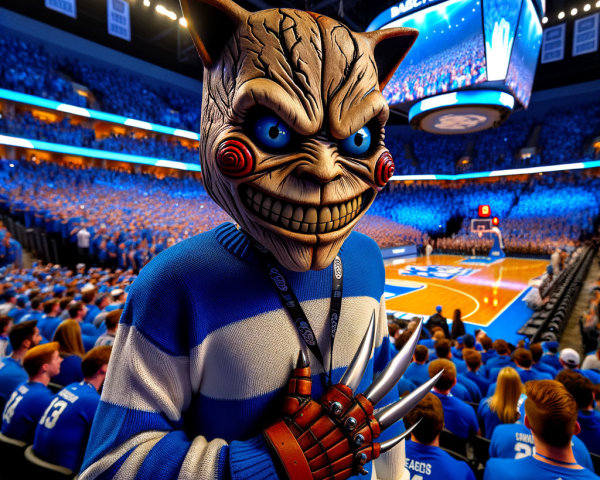 Crowd in Blue with Monstrous Mask at Sports Arena