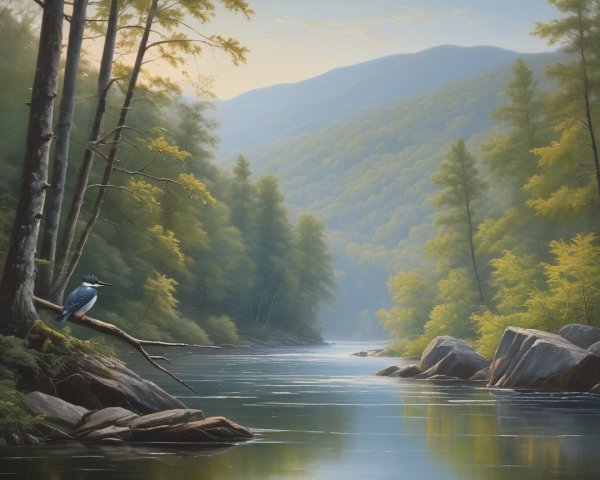 Tranquil River Landscape with Mountains and Kingfisher