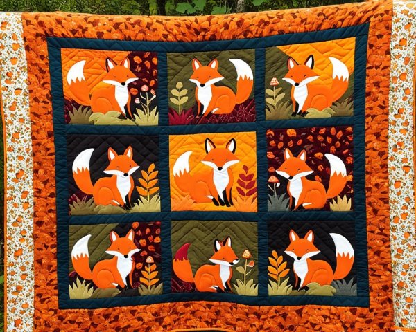 Vibrant Fox-Themed Quilt with Autumn Colors and Foliage
