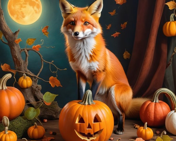 Fox beside jack-o'-lantern in autumn scene