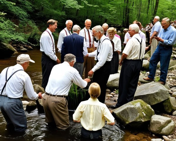Elderly Men and Young Person at Forest Baptism Ceremony