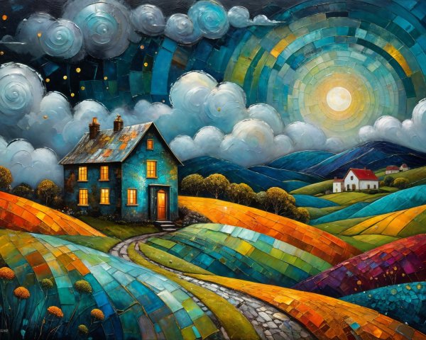 Vibrant Abstract Landscape with Blue House and Sun