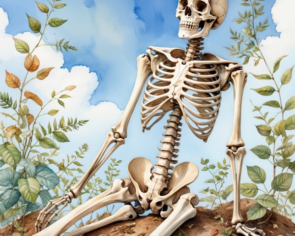 Whimsical skeleton among lush foliage and blue sky