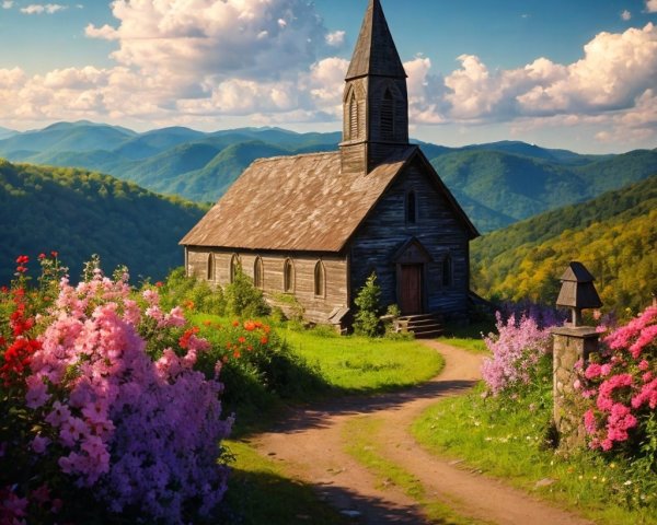 Wooden Church in Vibrant Flower Landscape and Hills
