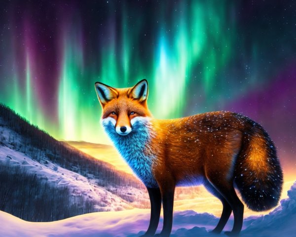 Fox in Snowy Landscape Under Northern Lights
