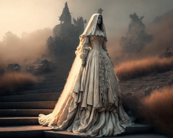 Mysterious figure in vintage gown on stone steps