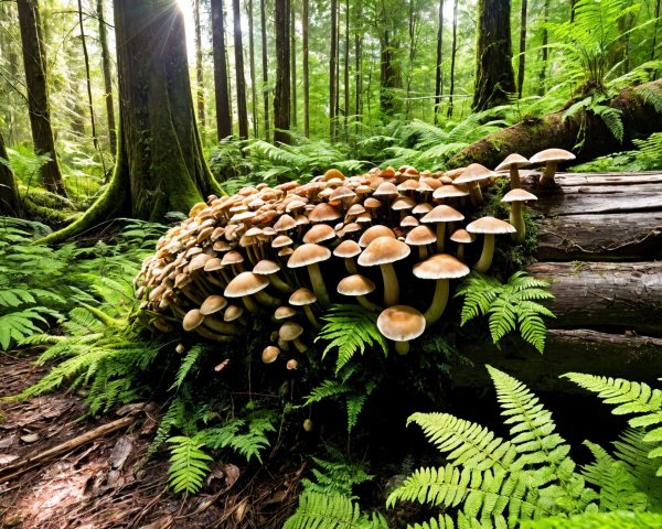 Vibrant Forest Scene with Mushrooms and Ferns