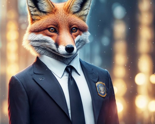 Humanoid Figure in Black Suit with Fox Head in Urban Setting