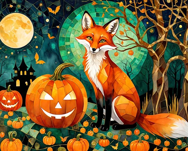 Stained-Glass Illustration of Fox and Halloween Scene