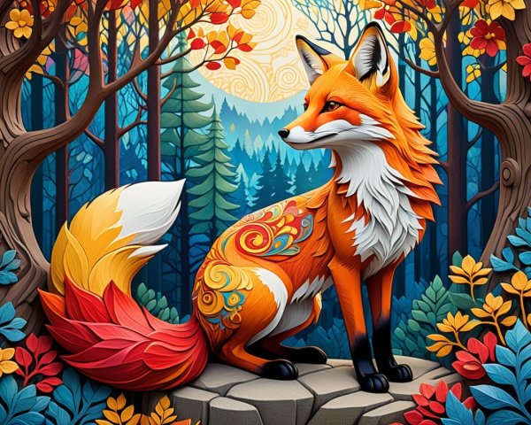 Vibrant Fox in a Lush Forest Under a Glowing Moon