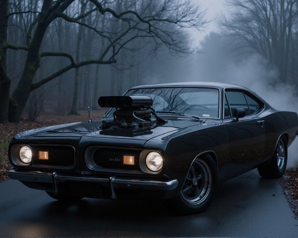 Classic Black Muscle Car on Misty Forest Road
