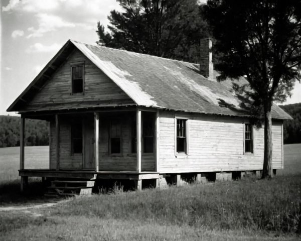 Dilapidated Wooden House with Slanted Roof and Trees