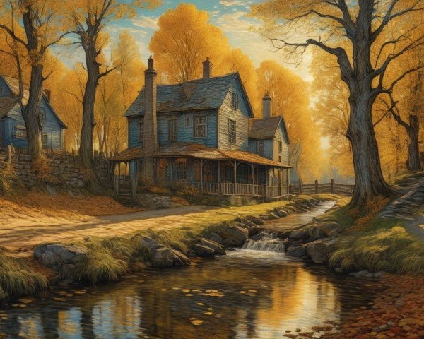 Autumn Landscape with Blue House and Stream