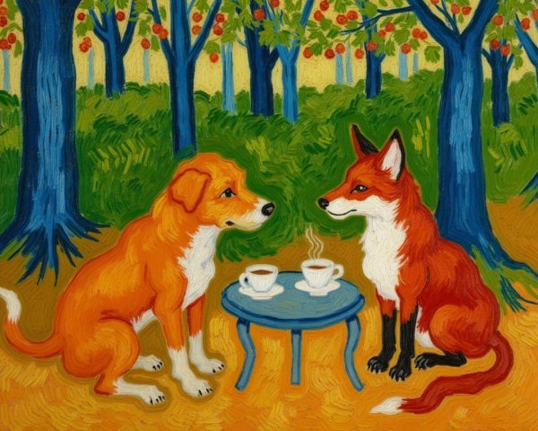 Colorful Landscape with Dog and Fox at Blue Table