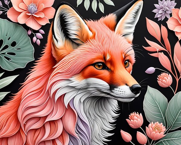 Stylized fox with floral designs on black background