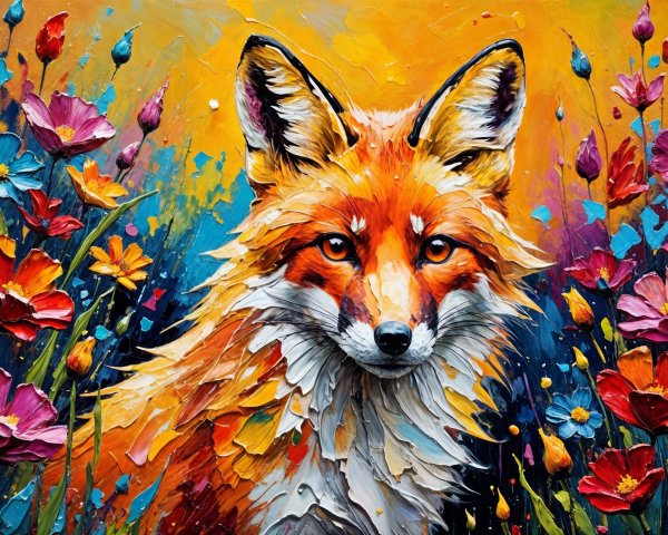 Vibrant Painting of a Fox Amid Colorful Flowers