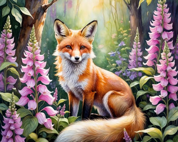 Realistic Painting of a Red Fox in Lush Greenery