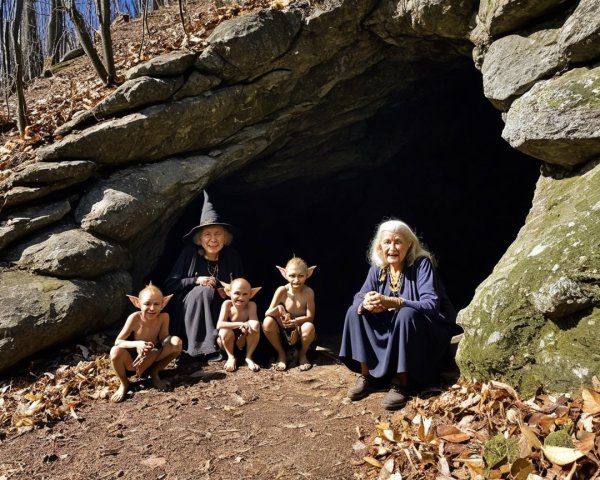 Elderly Women and Elf-Like Children in Forest Setting