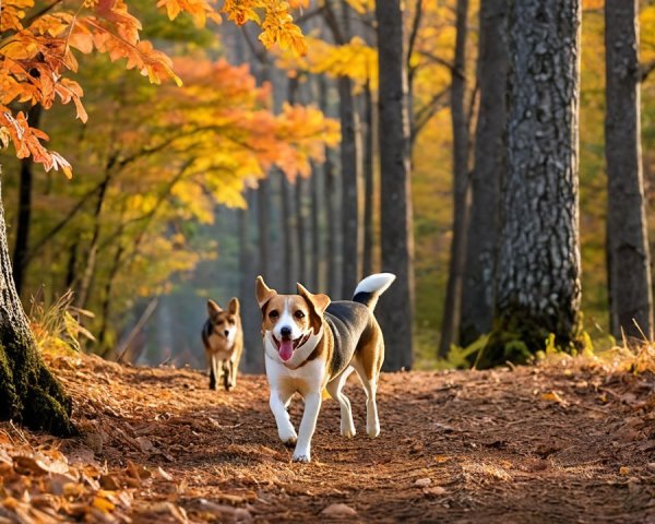 Joyful Dogs Walking on Autumn Forest Path