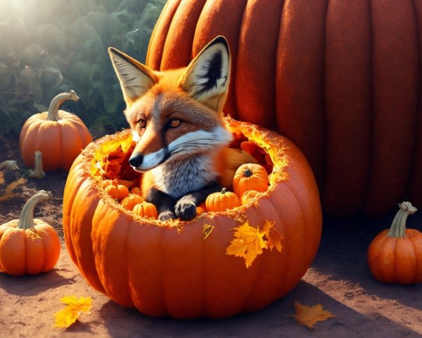 Whimsical fox in pumpkin surrounded by autumn leaves