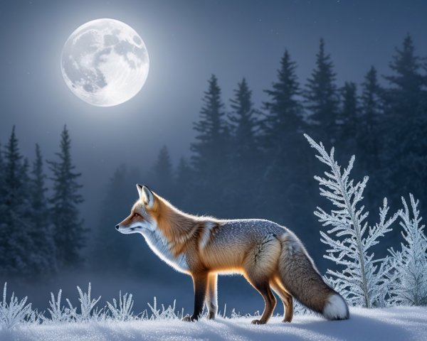 Fox in Snowy Landscape Under Full Moonlight