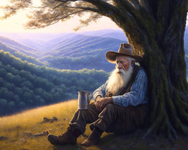 Elderly man under tree overlooking scenic valley