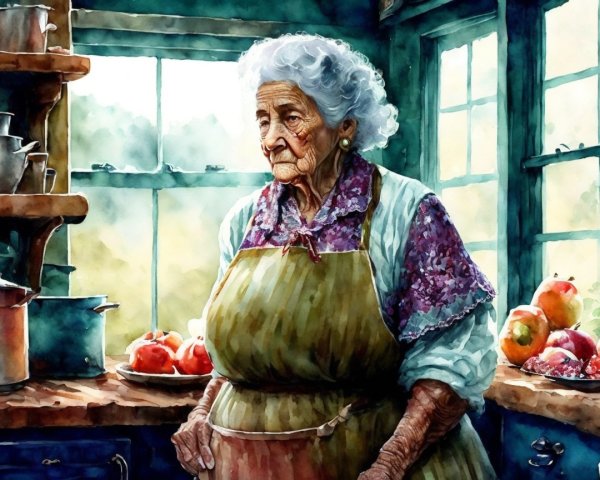 Wise Woman in Sunlit Kitchen with Apples and Warmth