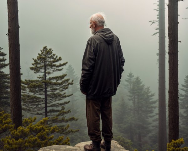 Solitary Figure in Misty Forest Landscape