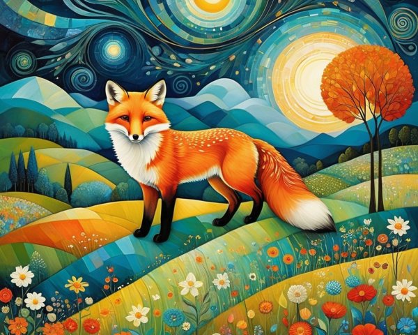 Vibrant landscape with orange fox and colorful hills