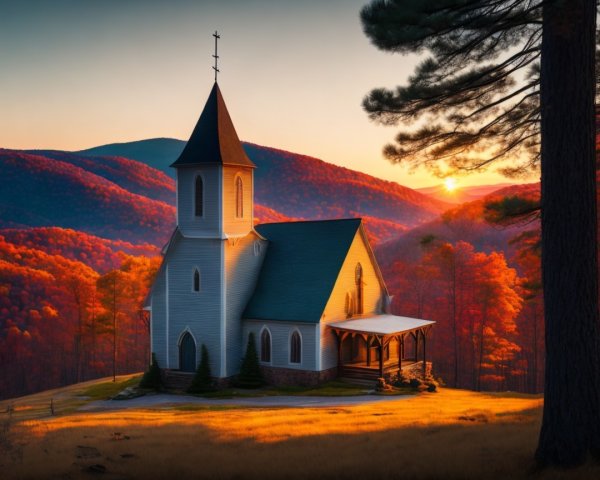 Charming Church Surrounded by Autumn Foliage and Mountains