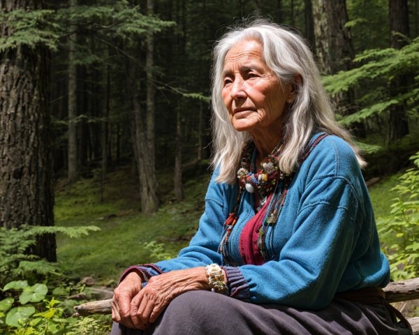Elderly woman in vibrant sweater sitting in forest