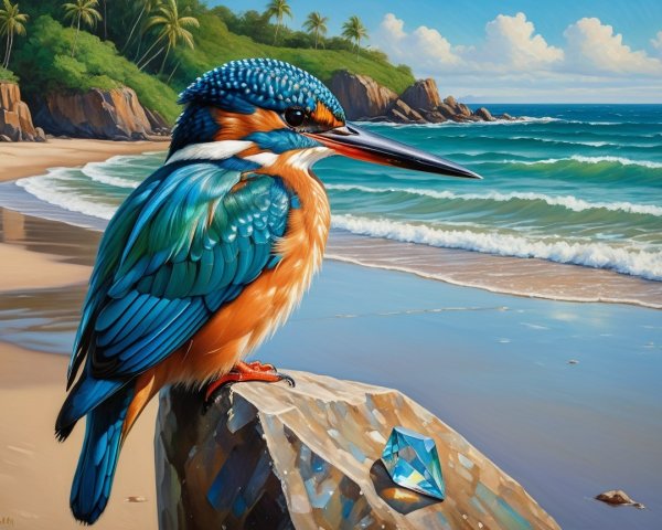 Vibrant Kingfisher on Rock by Serene Beach Scene