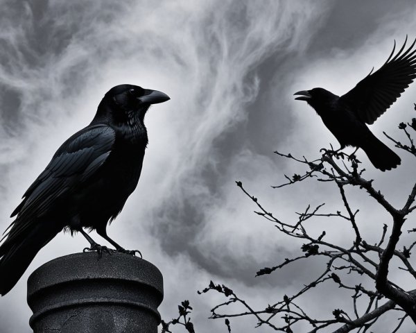 Black-and-White Scene of Ravens Against Cloudy Sky