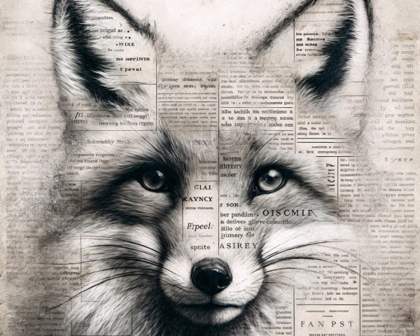 Fox Portrait with Newspaper Clippings and Textured Background